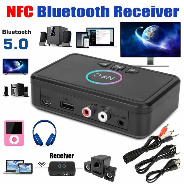 Nuevo Inalambrico Bluetooth NFC BT5.0, Receptor, Transmisor De Audio, Conector De 3,5Mm, AUX 2 RCA, Sonido Estereo Para Altavoz, Auriculares, DVD Para Coche