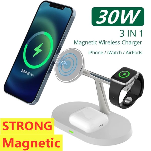Nuevo Magnetico Para Cargador Inalambrico 3 En 1, Estacion De Carga Rapida Para IPhone 14, 13, 12 Pro Max, Airpods, Apple, Samsung, Watch, 30W