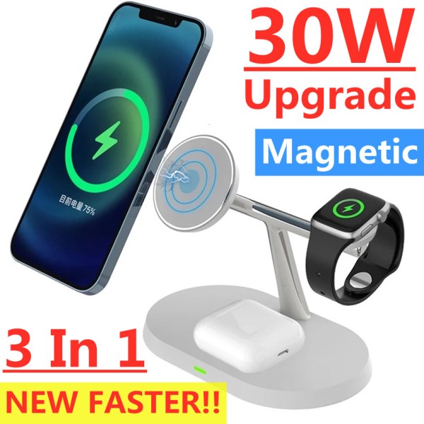 Nuevo De Cargador Inalambrico Magnetico 3 En 1, Estacion De Carga Rapida Qi, 30W, Para IPhone 14, 13, 12, Airpods, Samsung S20, S21, S22, Apple Watch