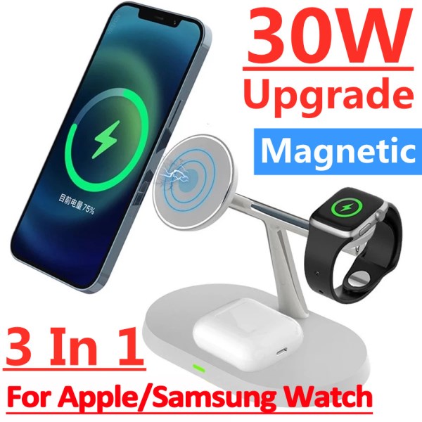 Nuevo De Cargador Inalambrico Magnetico 3 En 1 De 30W Para Macsafe IPhone 14 13 Pro Max Airpods Apple Samsung Watch Estacion De Carga Rapida