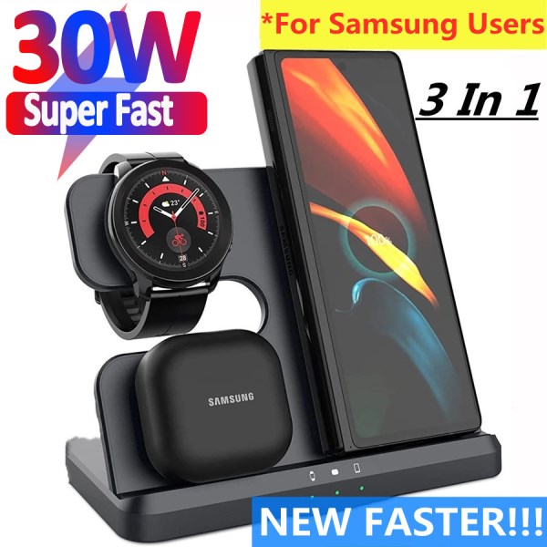Nuevo De Cargador Inalambrico 3 En 1 De 30W Para Samsung Galaxy S22 S21 Ultra S20, Estacion De Carga Rapida Watch5 Pro, Soporte Buds2 Pro