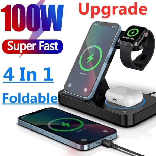 Nuevo De Carga Inalambrica Plegable 4 En 1 De 100W Para IPhone 14 13 12 Apple Watch 76 Para Samsung Galaxy Watch Chargers 43 S22 S21
